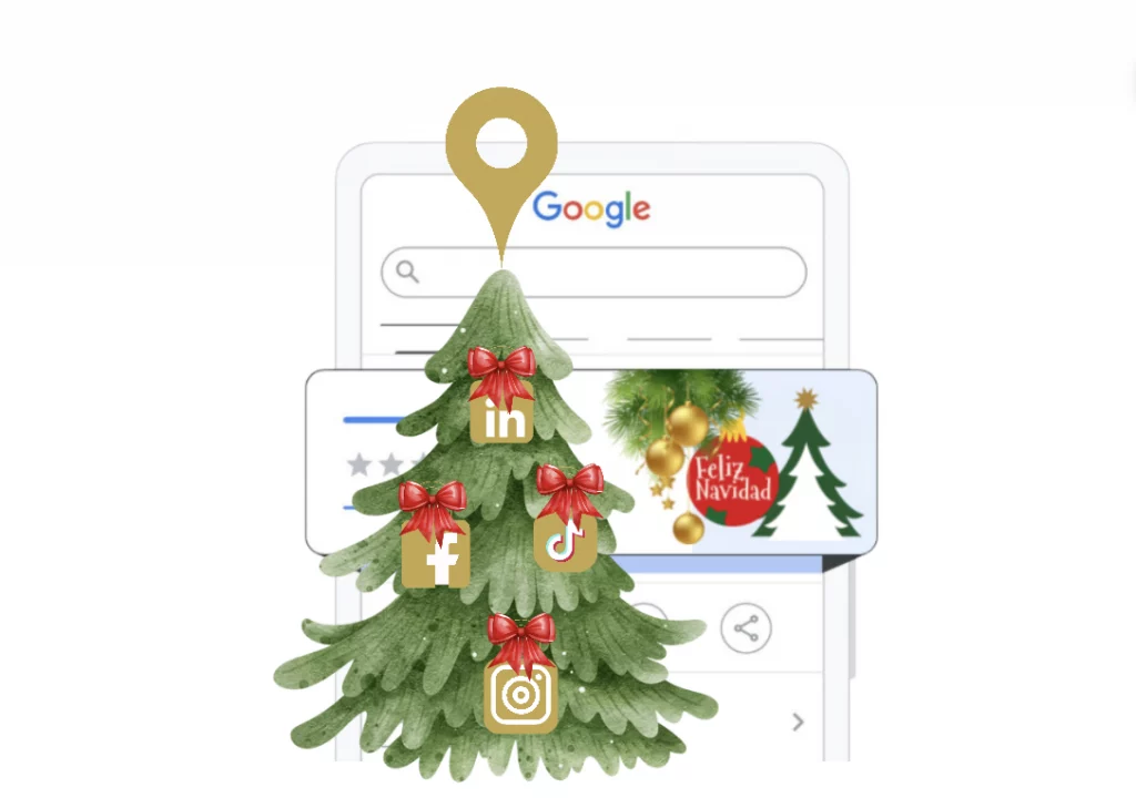 Fotos festivas y horarios especiales en Google My Business y redes sociales con contenido navideño y promociones
